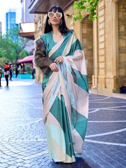 Akhilam - Womens Satin Silk Teal Blue Colorblock Designer Saree with Unstitched Blouse