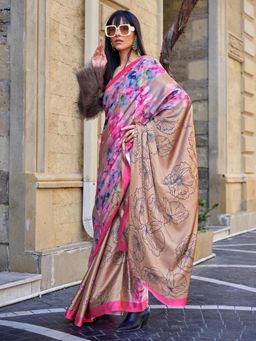 Akhilam - Womens Satin Silk Beige Digital Print Designer Saree with Unstitched Blouse