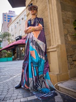 Akhilam - Womens Pure Crepe Wine Digital Print Designer Saree with Unstitched Blouse