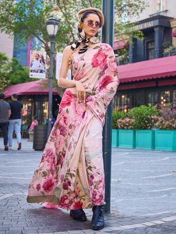 Akhilam - Womens Pure Crepe Cream Digital Print Designer Saree with Unstitched Blouse