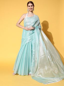 Sareemall - Womens Organza Turquoise Blue Solid Designer Saree with Unstitched Blouse