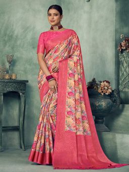 Sareemall - Womens Tussar Silk Pink Digital Print Celebrity Saree with Unstitched Blouse