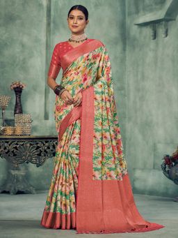 Sareemall - Womens Tussar Silk Green Digital Print Celebrity Saree with Unstitched Blouse