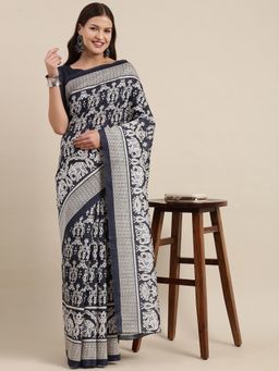 Akhilam - Womens Bhagalpuri Silk Navy Blue Printed Celebrity Saree with Unstitched Blouse