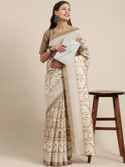 Akhilam - Womens Bhagalpuri Silk Beige Printed Celebrity Saree with Unstitched Blouse