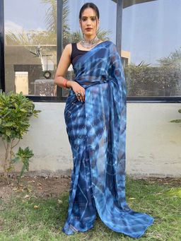 Akhilam - Womens Georgette Navy Blue Printed Ready To Wear Saree with Unstitched Blouse