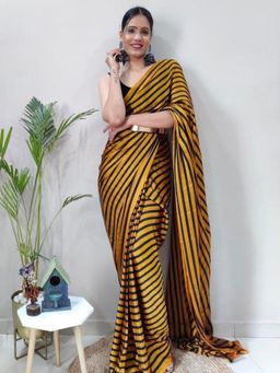 Akhilam - Womens Georgette Mustard Printed Ready To Wear Saree with Unstitched Blouse