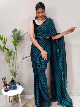 Akhilam - Womens Georgette Teal Blue Printed Ready To Wear Saree with Unstitched Blouse