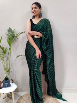 Akhilam - Womens Georgette Green Printed Ready To Wear Saree with Unstitched Blouse