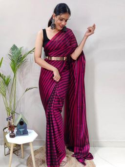 Akhilam - Womens Georgette Pink Printed Ready To Wear Saree with Unstitched Blouse