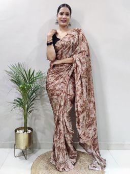 Akhilam - Womens Chiffon Brown Printed Ready To Wear Saree with Unstitched Blouse