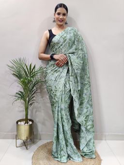 Akhilam - Womens Chiffon Green Printed Ready To Wear Saree with Unstitched Blouse