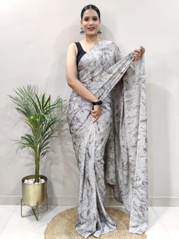 Akhilam - Womens Chiffon Grey Printed Ready To Wear Saree with Unstitched Blouse