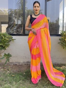 Akhilam - Womens Georgette Yellow Printed Ready To Wear Saree with Unstitched Blouse