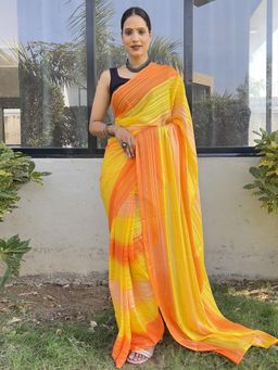 Akhilam - Womens Georgette Yellow Printed Ready To Wear Saree with Unstitched Blouse