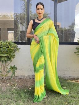 Akhilam - Womens Georgette Yellow Printed Ready To Wear Saree with Unstitched Blouse