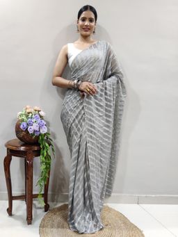 Akhilam - Womens Georgette Grey Printed Ready To Wear Saree with Unstitched Blouse
