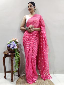 Akhilam - Womens Georgette Pink Printed Ready To Wear Saree with Unstitched Blouse