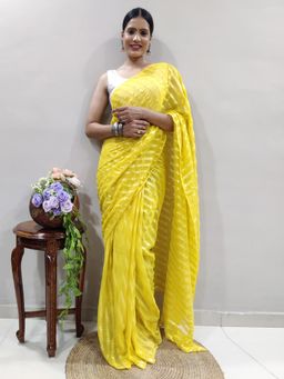 Akhilam - Womens Georgette Lemon Yellow Printed Ready To Wear Saree with Unstitched Blouse