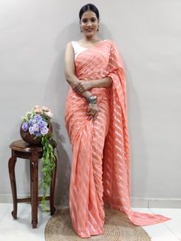 Akhilam - Womens Georgette Peach Printed Ready To Wear Saree with Unstitched Blouse