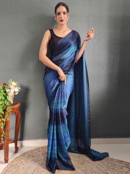Akhilam - Womens Nylon Blue Embellished Ready To Wear Saree with Unstitched Blouse
