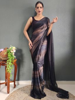 Akhilam - Womens Nylon Black Embellished Ready To Wear Saree with Unstitched Blouse