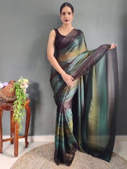 Akhilam - Womens Nylon Teal Blue Embellished Ready To Wear Saree with Unstitched Blouse