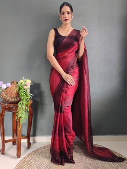 Akhilam - Womens Nylon Red Embellished Ready To Wear Saree with Unstitched Blouse