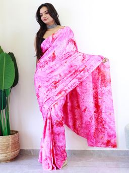 Akhilam - Womens Chiffon Pink Printed Ready To Wear Saree with Unstitched Blouse