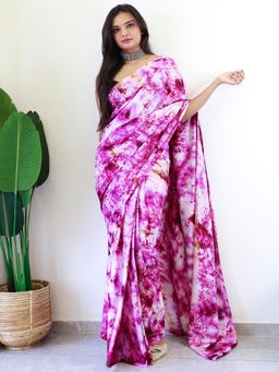 Akhilam - Womens Chiffon Magenta Printed Ready To Wear Saree with Unstitched Blouse