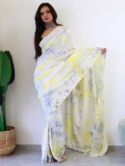 Akhilam - Womens Chiffon Off White Printed Ready To Wear Saree with Unstitched Blouse