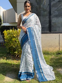 Akhilam - Womens Dola Silk Blue Printed Ready To Wear Saree with Unstitched Blouse