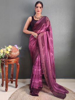 Akhilam - Womens Georgette Pink Embellished Ready To Wear Saree with Unstitched Blouse