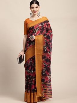 Akhilam - Womens Linen Black Printed Ready To Wear Saree with Unstitched Blouse