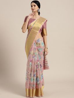 Akhilam - Womens Linen Brown Printed Ready To Wear Saree with Unstitched Blouse