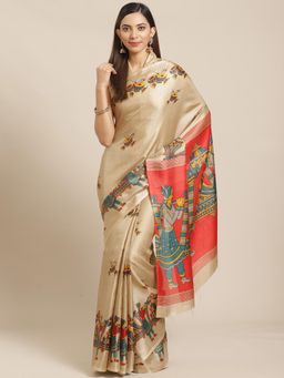Akhilam - Womens Bhagalpuri Silk Beige Printed Ready To Wear Saree with Unstitched Blouse