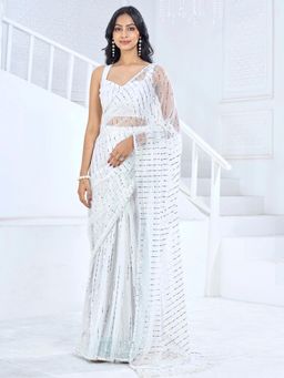 Sareemall - Womens Lycra White Embellished Ready To Wear with Unstitched Blouse