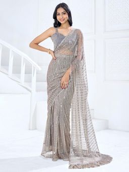 Sareemall - Womens Lycra Charcoal Grey Embellished Ready To Wear with Unstitched Blouse