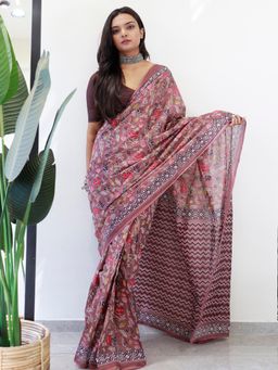 Akhilam - Womens Cotton Brown Printed Ready To Wear Saree with Unstitched Blouse