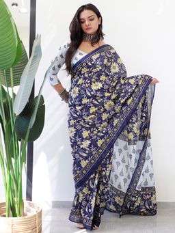 Akhilam - Womens Cotton Navy Blue Printed Ready To Wear Saree with Unstitched Blouse