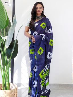 Akhilam - Womens Cotton Navy Blue Printed Ready To Wear Saree with Unstitched Blouse