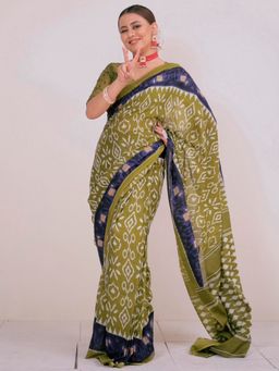 Akhilam - Womens Cotton Olive Printed Ready To Wear Saree with Unstitched Blouse