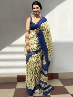 Sareemall - Womens Cotton Cream Printed Ready To Wear Saree with Unstitched Blouse