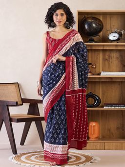 Sareemall - Womens Cotton Navy Blue Printed Ready To Wear Saree with Unstitched Blouse