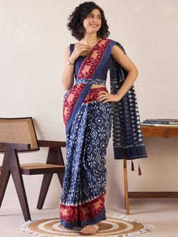 Sareemall - Womens Cotton Navy Blue Printed Ready To Wear Saree with Unstitched Blouse