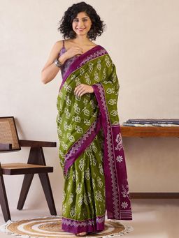 Sareemall - Womens Cotton Green Printed Ready To Wear Saree with Unstitched Blouse
