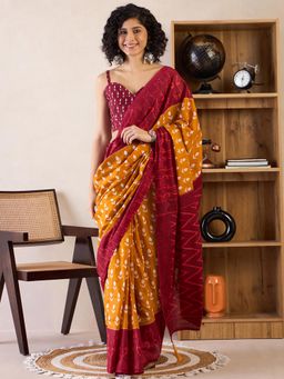 Sareemall - Womens Cotton Mustard Printed Ready To Wear Saree with Unstitched Blouse