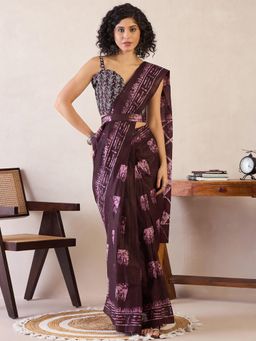 Sareemall - Womens Cotton Burgundy Printed Ready To Wear Saree with Unstitched Blouse