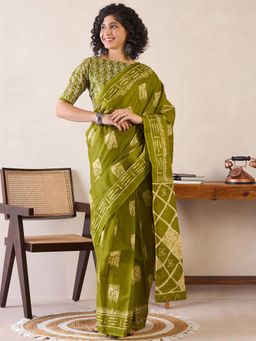 Sareemall - Womens Cotton Green Printed Ready To Wear Saree with Unstitched Blouse