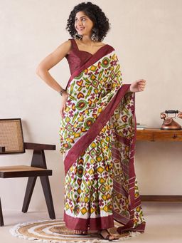 Sareemall - Womens Cotton Burgundy Printed Ready To Wear Saree with Unstitched Blouse
